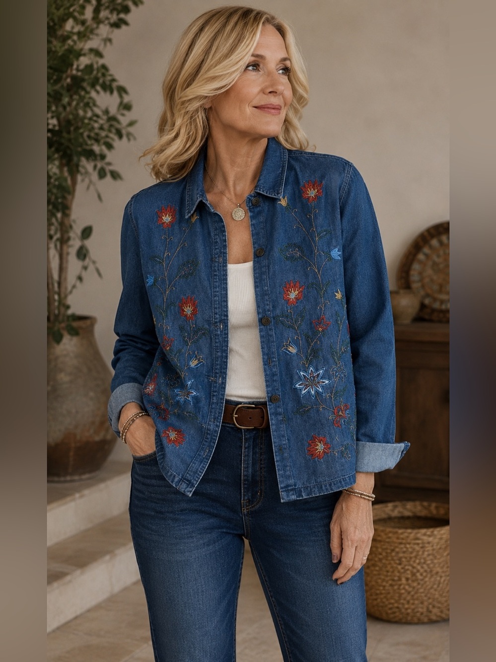 Talbots Embroidered Floral Denim Shirt Jacket M Western Boho Cottagecore Garden